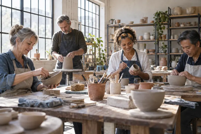 Adults in a bright ceramics studio sharing a creative afternoon
